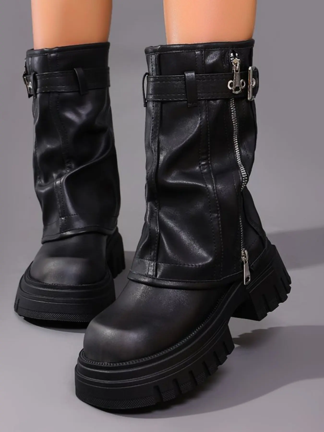 Women's Thick Sole Side Zipper Short Boots, Motorcycle Style Platform Work Boots, Casual PU Leather Rubber Sole, All Seasons, Biker Boots, Round Toe Boots