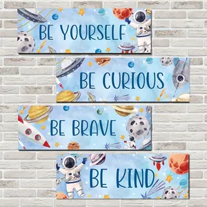 4-Piece Wooden Space Decor 11.8 X 3.9 Inch Motivational Wall Art for Bedroom & Game Room, Inspirational Signs Promote Curiosity
