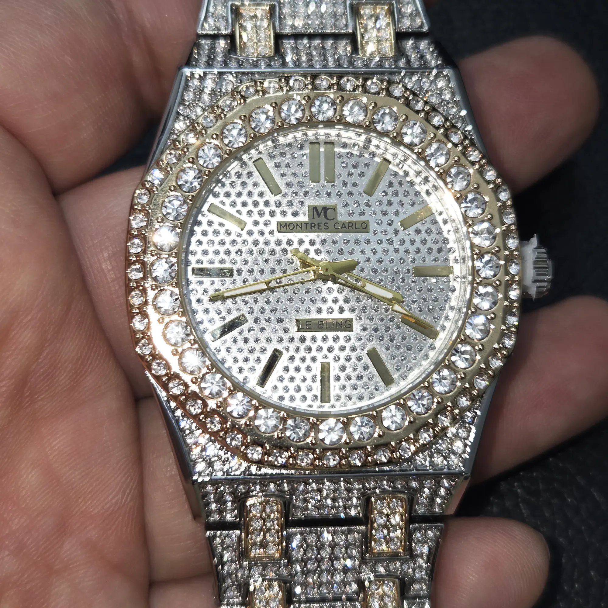 MaxBling81 Men's Iced Out Hip Hop Watch, 43mm Octagonal Face in 2-Tone Gold and Silver with Full Lab Simulated Diamonds, Watches, Casual Trendy Wristwatch, Quartz Watch