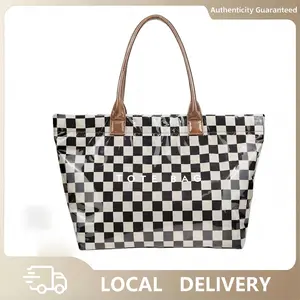 Women’s PVC tote bag — fashionable plastic tote for spring; plaid shoulder bag with letter print; large waterproof hobo/tote handbag; checkerboard pattern fashion tote; multifunctional work tote; minimalist transparent commuter bag with large capacity