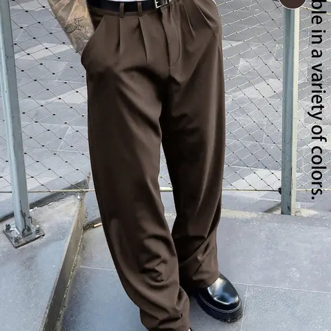 Men's Polyester Plain Mid-Waist Pleated Business Casual Hybrid Pants - Loose Straight Leg, Relaxed Fit, Belt Loops, Casual Fashion Pockets, Stylish Menswear for Office, Commuter Outfits