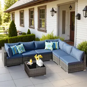 【3 Packages Shipping】OVIOS 7-Piece Outdoor Patio Furniture Set, Wicker Sectional Sofa with Coffee Table, All-Weather Conversation Set with Cushions for Backyard Patio Deck Garden Outdoor Seating