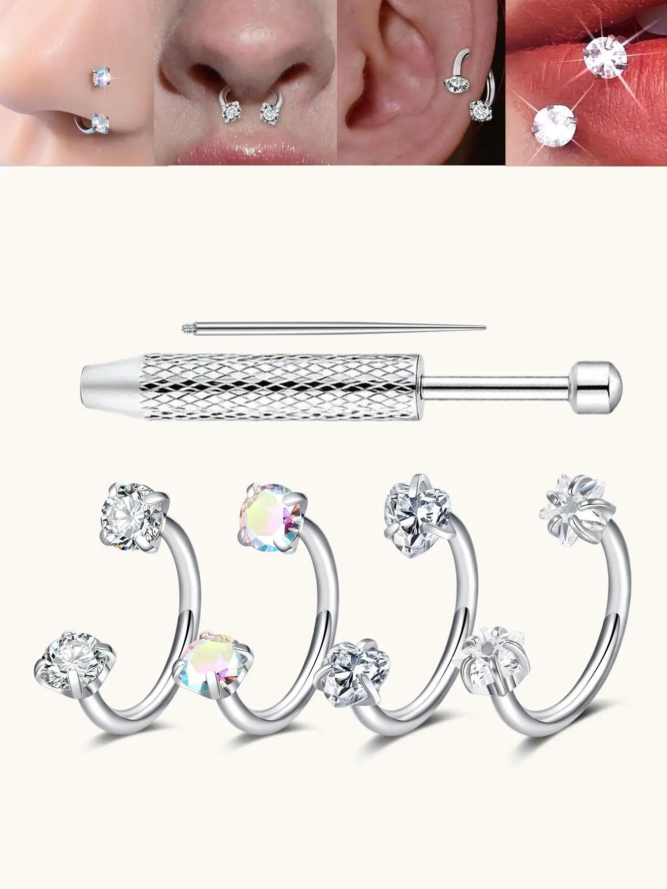6 Pcs Heart Star Cz Rhinestone Nose Rings, Stainless Steel Inner Thread, 18G/20G 8mm, Ideal for Nose, Cartilage, Earlobe, Lip Piercings