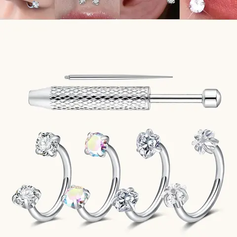 6 Pcs Heart Star Cz Rhinestone Nose Rings, Stainless Steel Inner Thread, 18G/20G 8mm, Ideal for Nose, Cartilage, Earlobe, Lip Piercings