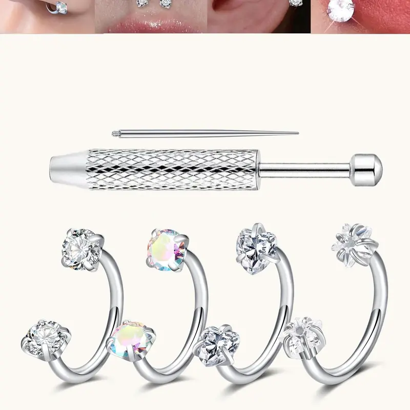 6 Pcs Heart Star Cz Rhinestone Nose Rings, Stainless Steel Inner Thread, 18G/20G 8mm, Ideal for Nose, Cartilage, Earlobe, Lip Piercings
