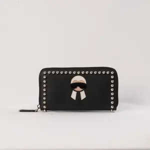 Pre-owned FENDI calfskin Small Leather Goods Karlito Continental Zip Around Wallet (Black leather with silver studs and Karl Lagerfeld “Karlito” motif) FD2 51625 B5