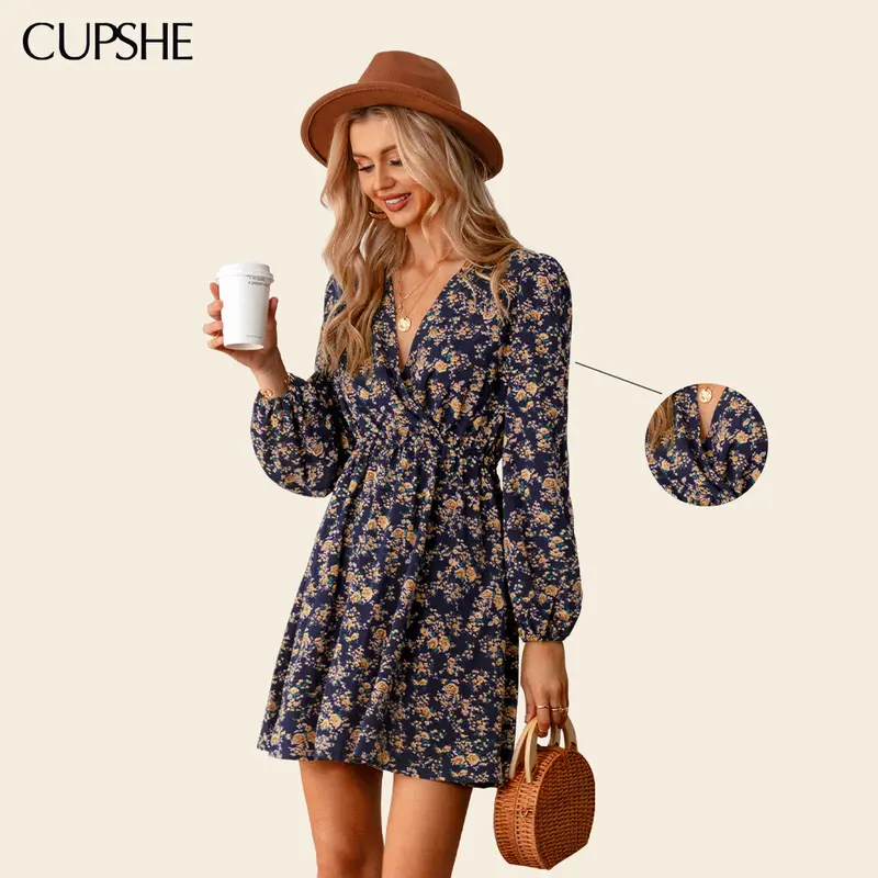 CUPSHE Women's Casual Comfy Chic Alison Ditsy Floral Peasant Dress - Long Surplice V-Neck, Long Sleeve, Elasticized Waist, A-Line Mini Hem, Pull-On Boho Clothes for Women, Navy Casual Dresses