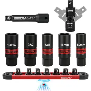 8-Piece 3/8''-Drive Impact Spark Plug Socket Set with Magnetic Rail, SAE & Metric, 5/8'' 3/4'' 13/16'' 14mm 18mm, Extension Bars, Universal Joint