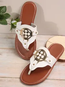 Women's Fashionable Plain Color Metal Decorated Slingback Sandals, Casual Comfortable Flat Sandals for Summer, Lightweight Breathable Shoes for Daily Wear, PU Leather Sandals, Girl