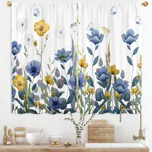Blue Yellow Flowers Kitchen Curtains 27.5W X 39L Inch 2 Panels Abstract Watercolor Floral Spring Summer Small Short Cafe Tier Curtain Leaf Plant Botanical Window Treatment Drapes Kitchen Decor
