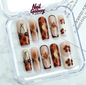New arrival NailGalaxy | Long Square Tortoiseshell & Floral detail Press-On Nails – 10pcs Handmade acrylic set with 3D Cherry accents | Fall 2025 Sustainable choice