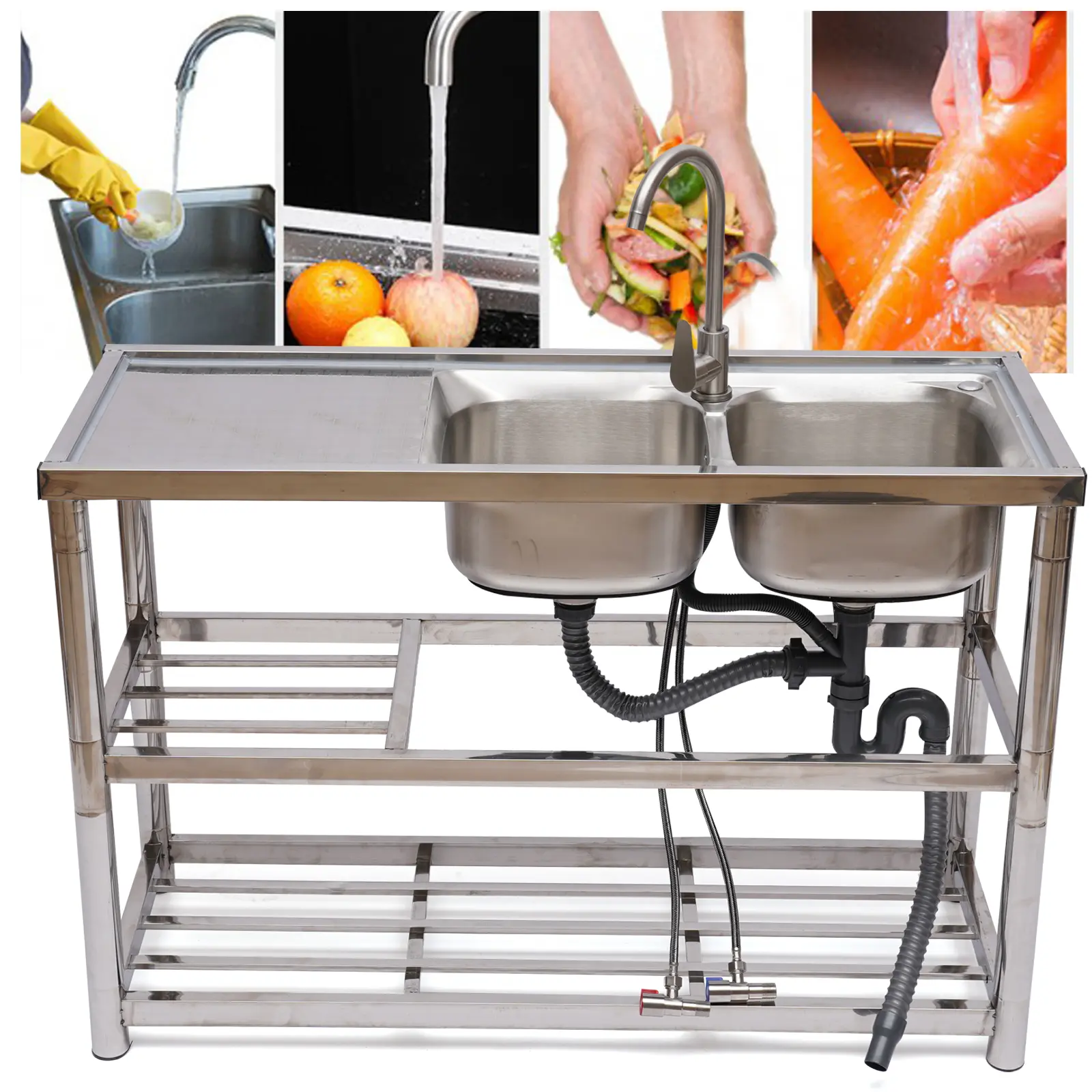 Modern 304 Stainless Steel 2-Bowl Kitchen Sink with 330lbs Load Capacity, 2 Shelves, 360° Rotatable Faucet for Home, Commercial Use