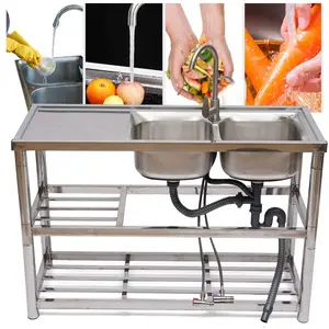 304 Stainless Steel Kitchen Sink 2 Bowls 330lbs Load 2 Shelves 360° Faucet for Home Commercial Garage Laundry
