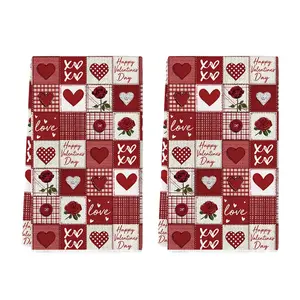 Checkered Design Rose Love Heart Valentine's Kitchen Towels Dish Towels, 18x26 Inch Anniversary Wedding Decoration Cleaning Set of 2