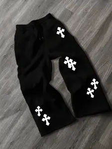 Baggy Oversized Sweatpants, White Cross Gothic Graphic Print, Drawstring Elastic Waist, Adjustable, Y2K Streetwear & Grunge Aesthetic, Fashion Pants for Men & Women, E-Boy E-Girl Bottoms with Bold Cross Emblem, Versatile for Casual Lounge Dai
