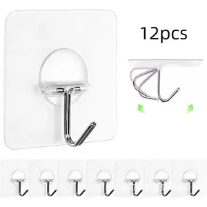 12 Wall Hooks, Self-Adhesive Towel Hat Hangers, Waterproof Transparent Hooks, Bathroom Shower Kitchen Key Door Decorative Utility Hooks