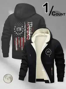 Men's 1776 American Independence Day Fleece Jacket, Vintage Distressed Flag Hooded Zipper Military Style Warm Top for Winter Casual Wear