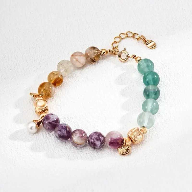 Colorful Lepidolite, Pearl, Citrine & Fluorite Bracelet in S925 Silver