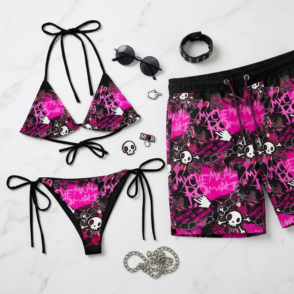 Matching Couple Y2K Gothic Swimwear Set – Scene Emo Cyber Rave Bikini & Swim Trunks, Alternative Aesthetic Beachwear, Y2K Summer Vacation Couple Outfit