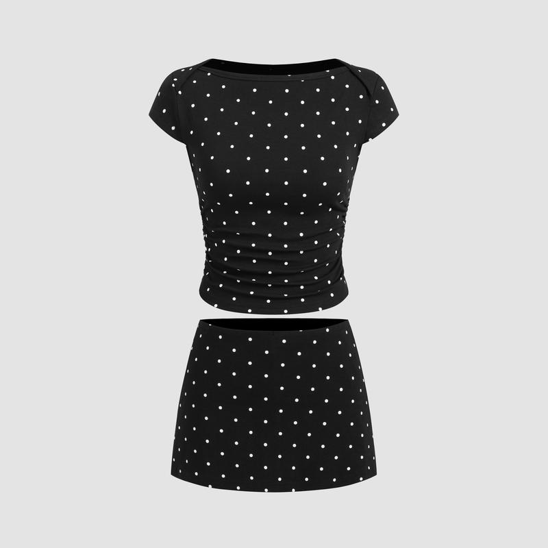 Cider Cotton-blend Boat Neck Polka Dot Ruched Tee & Mini Skort