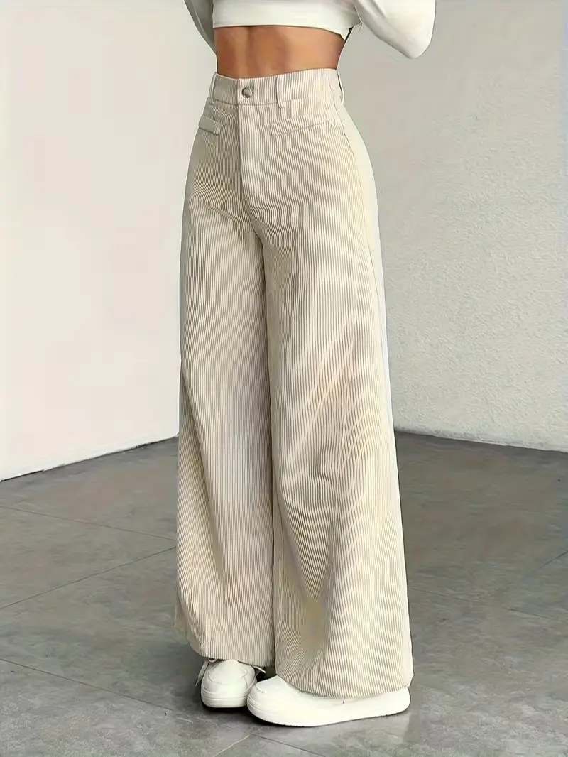 Women's High-Waisted Wide-Leg Trousers – Casual corduroy-style long pants; comfortable for all seasons and machine-washable.