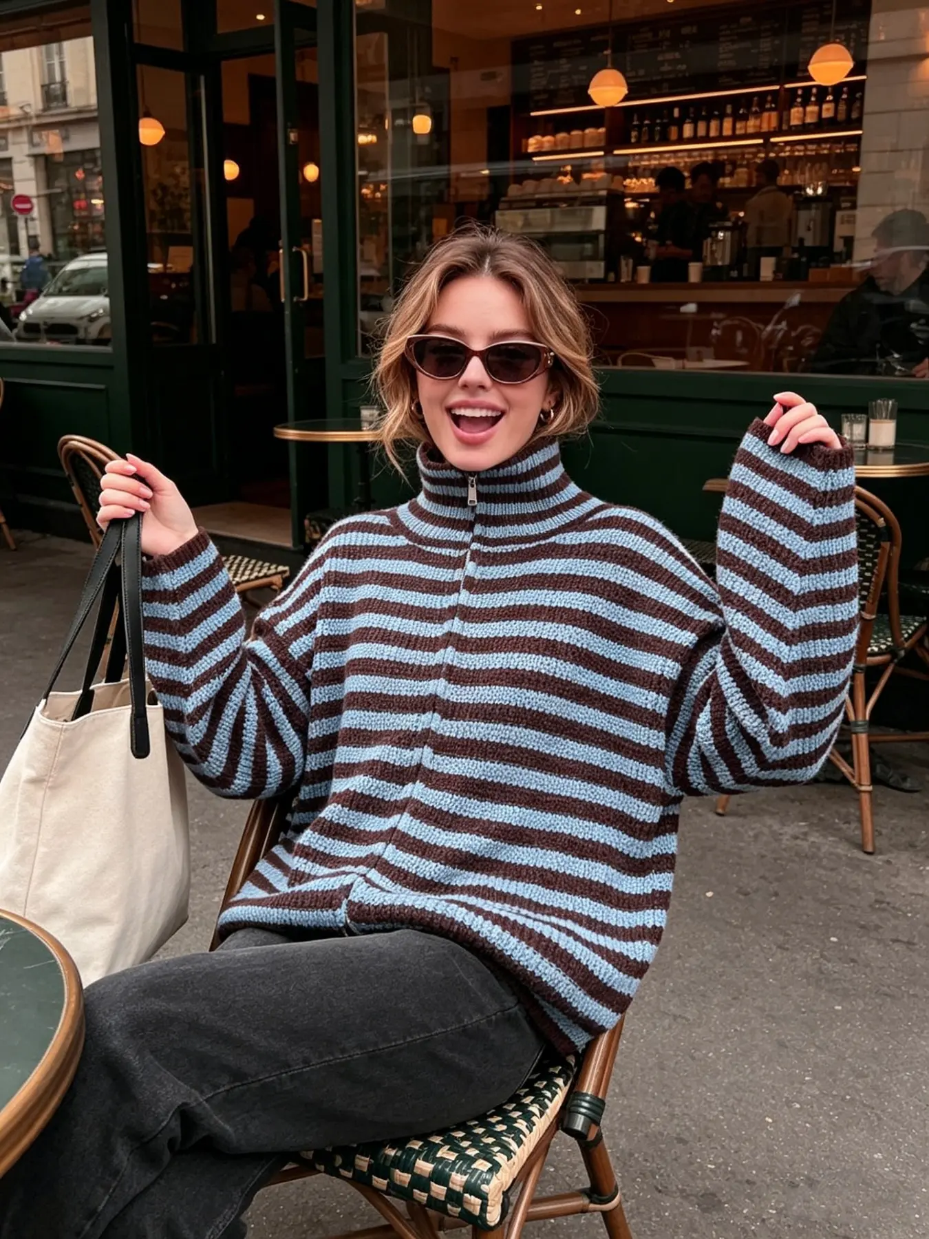 Women's Loose Baggy Oversize Striped Knit Sweater, Casual Chic Jumper, Casual Long Sleeve Top, Spring & Fall Fashion, Sweet Lapel Design, Dual Zipper Detail, Knitwear, Knitted, Striped Collared Sweaters