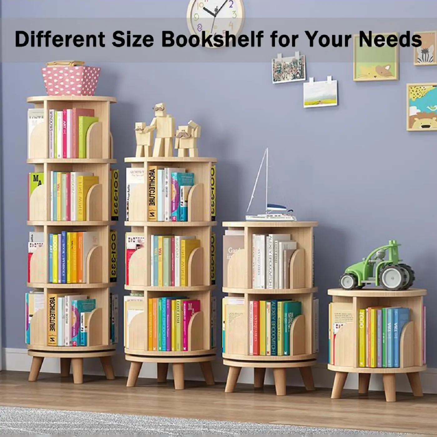 Natural Wood 1-6 Tier Floor Rotating Wine Rack with 10cm Support Legs, 360° Rotatable Stackable Display Shelf, 14.3kg Gross Weight, Rotating Bookshelf for Kitchen, Bar