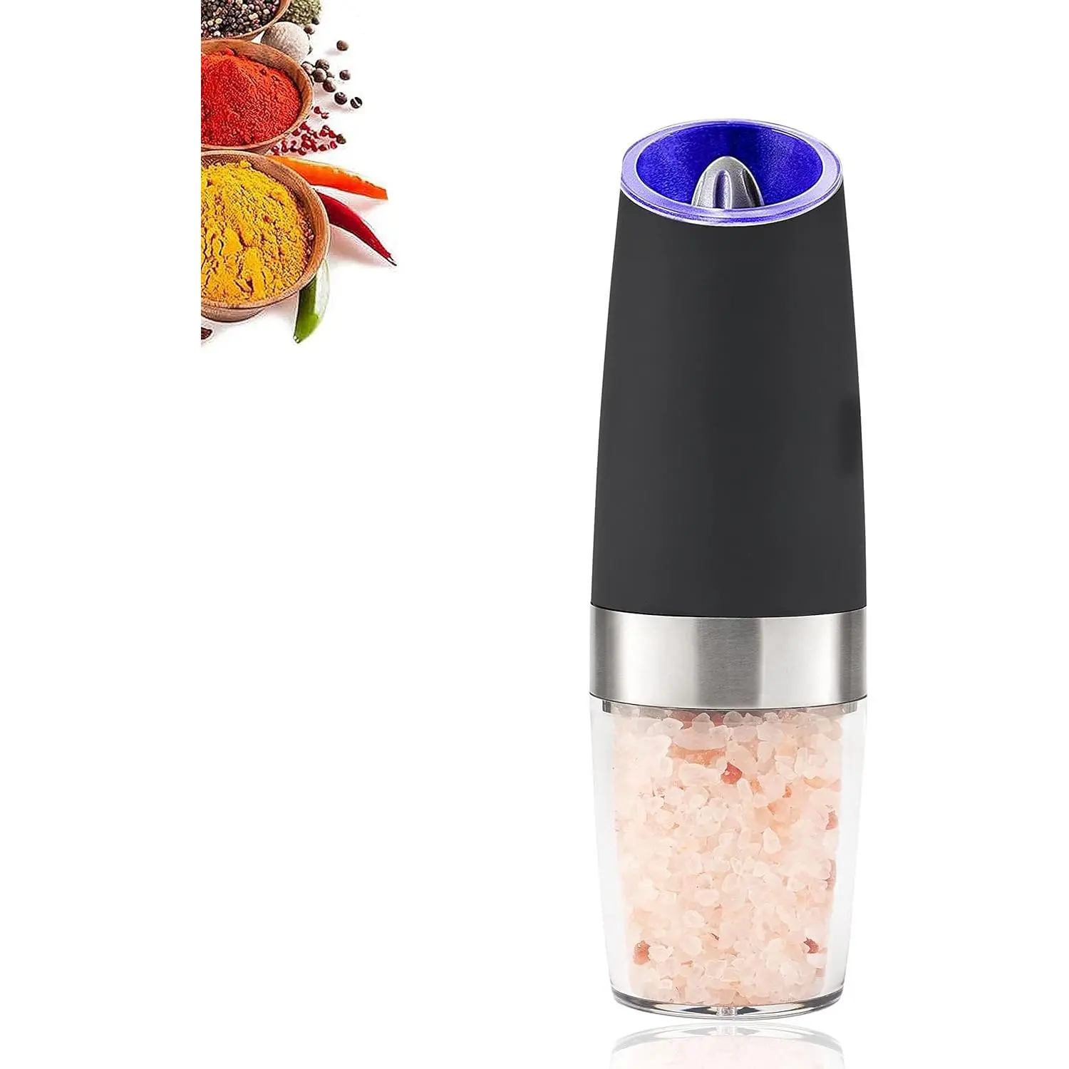 Gravity Electric Salt and Pepper Grinder Mill with Blue LED Light. One Handed Operation, Battery Powered Automatic Pepper Mill with Spoon, Cleaning and Dust Brush, Adjustable Coarseness summerwins
