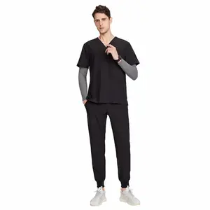 mediscrub Men's 2-Piece Athletic Jogger Scrub Set - Black Plain Short-Sleeved Top, Tapered Elastic Pants, Casual Menswear for Everyday Wear