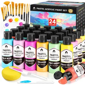 40 Pcs Pastel Acrylic Paint Set with 12 Brushes, 2 Knives & Palette, 24 Colors (2oz/60ml) - for Adults, Artists & Beginners - Canvas Ceramic Rock Wood Egg Painting Kit