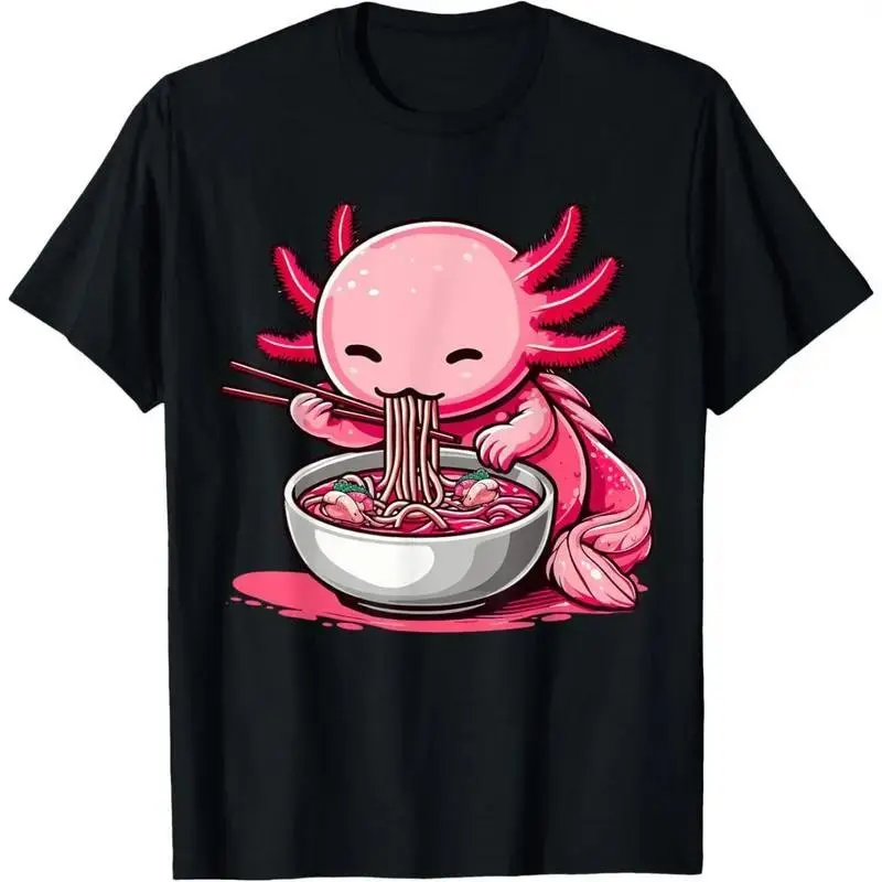 Axolotl Ramen T-Shirt, Unisex Basic Crewneck with Kawaii Anime Graphic in Lightweight, Moisture-Wicking Cotton for Streetwear, Crew Neck