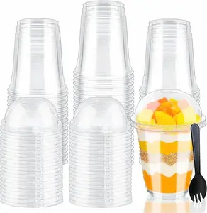 Szsrcywd 12 Oz Leak-Proof Disposable Plastic Dessert Cups with Dome Lids, Lid Holes, and Sporks, 50 Sets (100pcs Total) for Ice Cream, Fruit Parfait