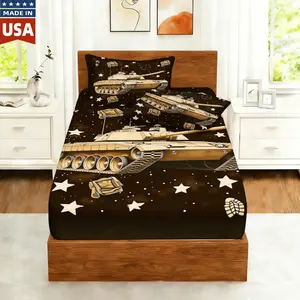 Army Tank Kids Fitted Sheet Full Size,Camo Warship War Theme Bedding Set,Boys Men Room Decor,Tie-dye Graffiti Starry Sky Retro Camoflage Bed Cover,Brown Black Bed Sheet,2 Pillowcases(No Top Sheet)