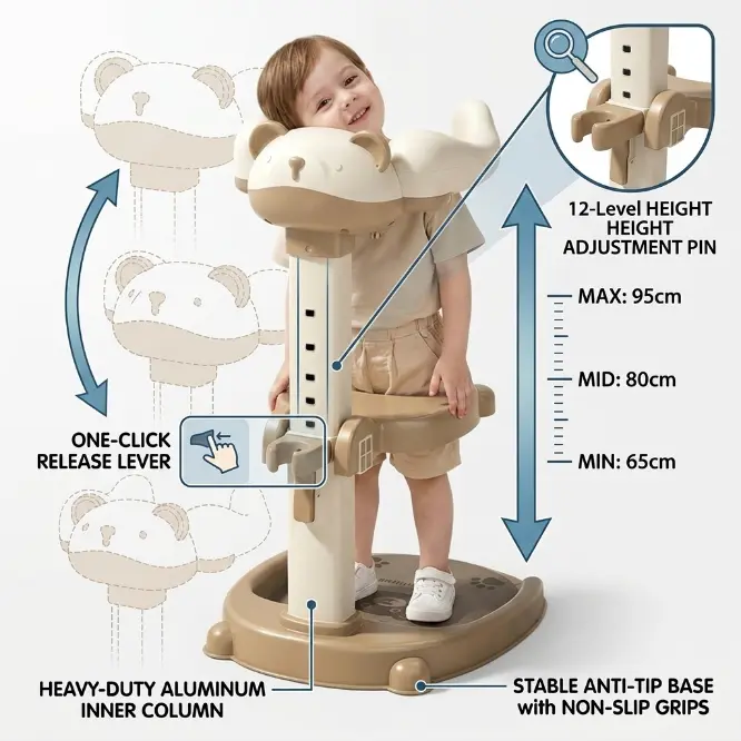 Baby Shower Stand with Support,3-in-1 Sitting & Standing Baby Bath Stand with Anti-Slip Base,10 Levels Adjustable Height and Armrest with Seat for Toddlers,Ideal Gift for Infants 6 Months and Above