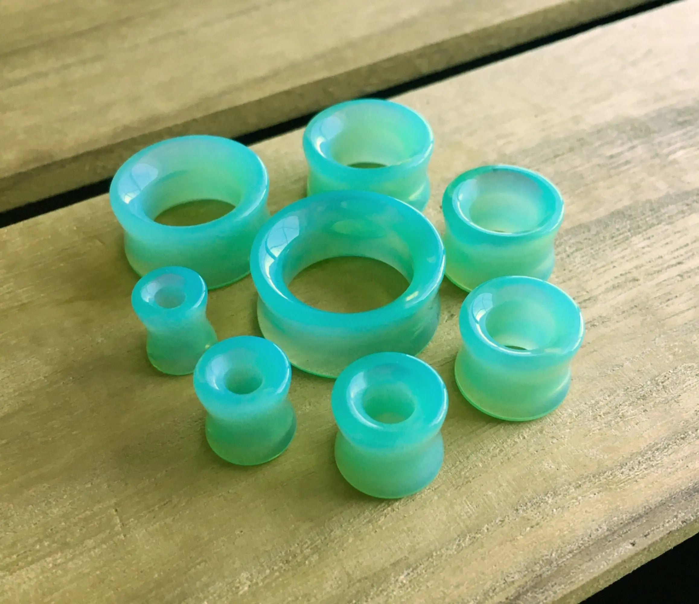 PAIR of Stunning Green Opalite Glass Double Flare Tunnels
