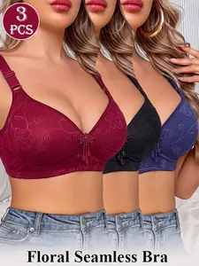 Three-Piece Floral Print Push-Up Bra Set, Wireless Seamless Women's Underwear, Comfortable and Stylish Lingerie for Everyday Wear