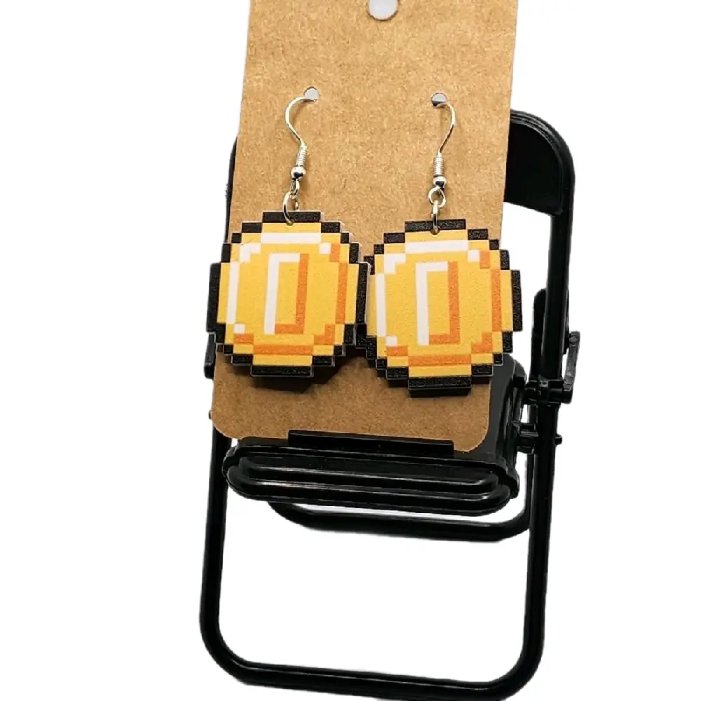 Pixel Coin Earrings - Lightweight Plastic, Universal Size Unisex Fashion Costume Jewelry, Pixelated Circular Design Accessory for Daily, Casual Fun Outfits