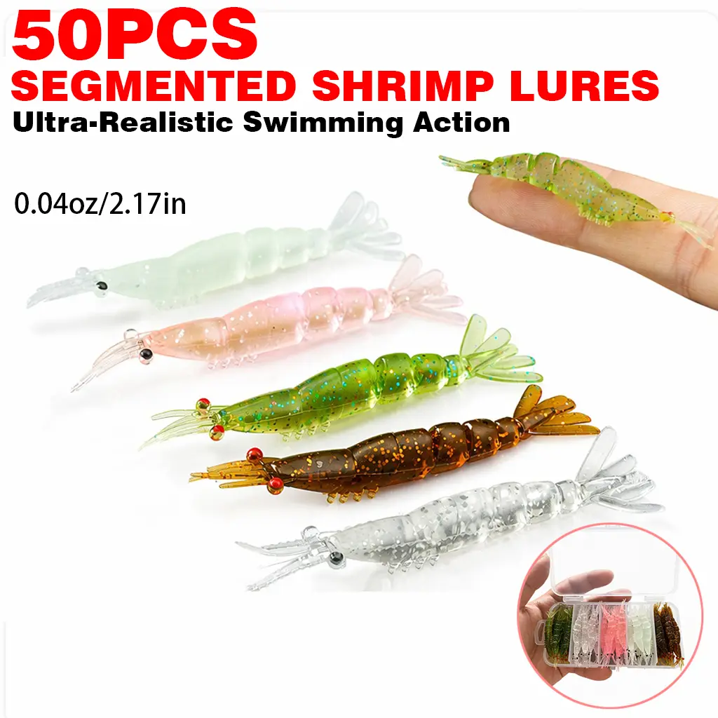 50Pcs Realistic Segmented Shrimp Lures | Soft Plastic Bionic Fishing Bait with Glow Option | Swimbaits for Bass, Trout & Crappie