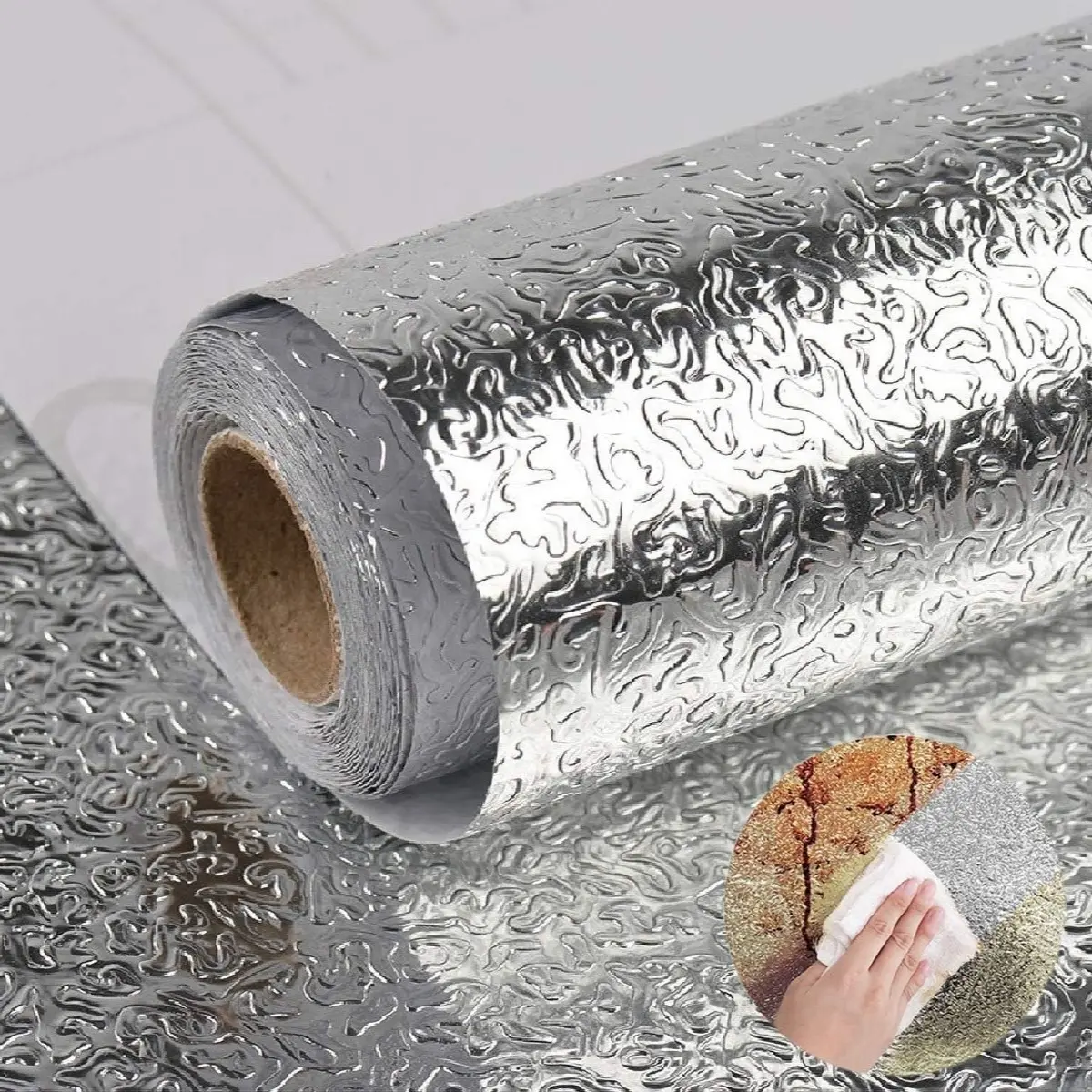Silver Peel-and-Stick Metallic Look Kitchen Backsplash Roll - Renter Friendly Adhesive Backing Wallpaper, Waterproof Aluminum Foil Countertop Wrap, Repositionable During Installation, Suitable for Cabinets