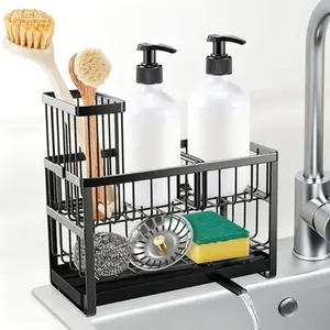 2 Tier Sink Caddy Organizer with High Brush Holder, Stainless Steel Dish Scrubber Holder, Kitchen Sponge Holder for Counter, Soap Tray for Sink Accessories, Rustproof Storage Rack, Black