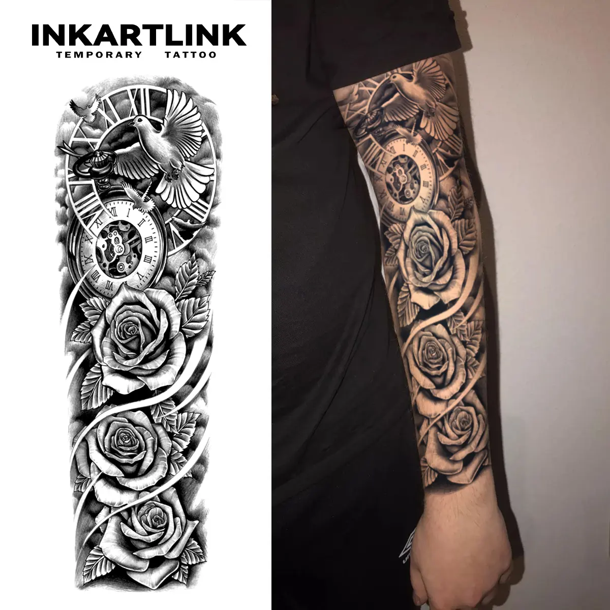 INKARTLINK Realistic Temporary Tattoos - 2 Sheets Sleeve Tattoo Art, Waterproof Body Decal Stickers, Lasts 1-2 Weeks, No Adhesive/Reflection, For All Skin Types, Men & Women, Ideal for Swimming, Party, Realistic Art