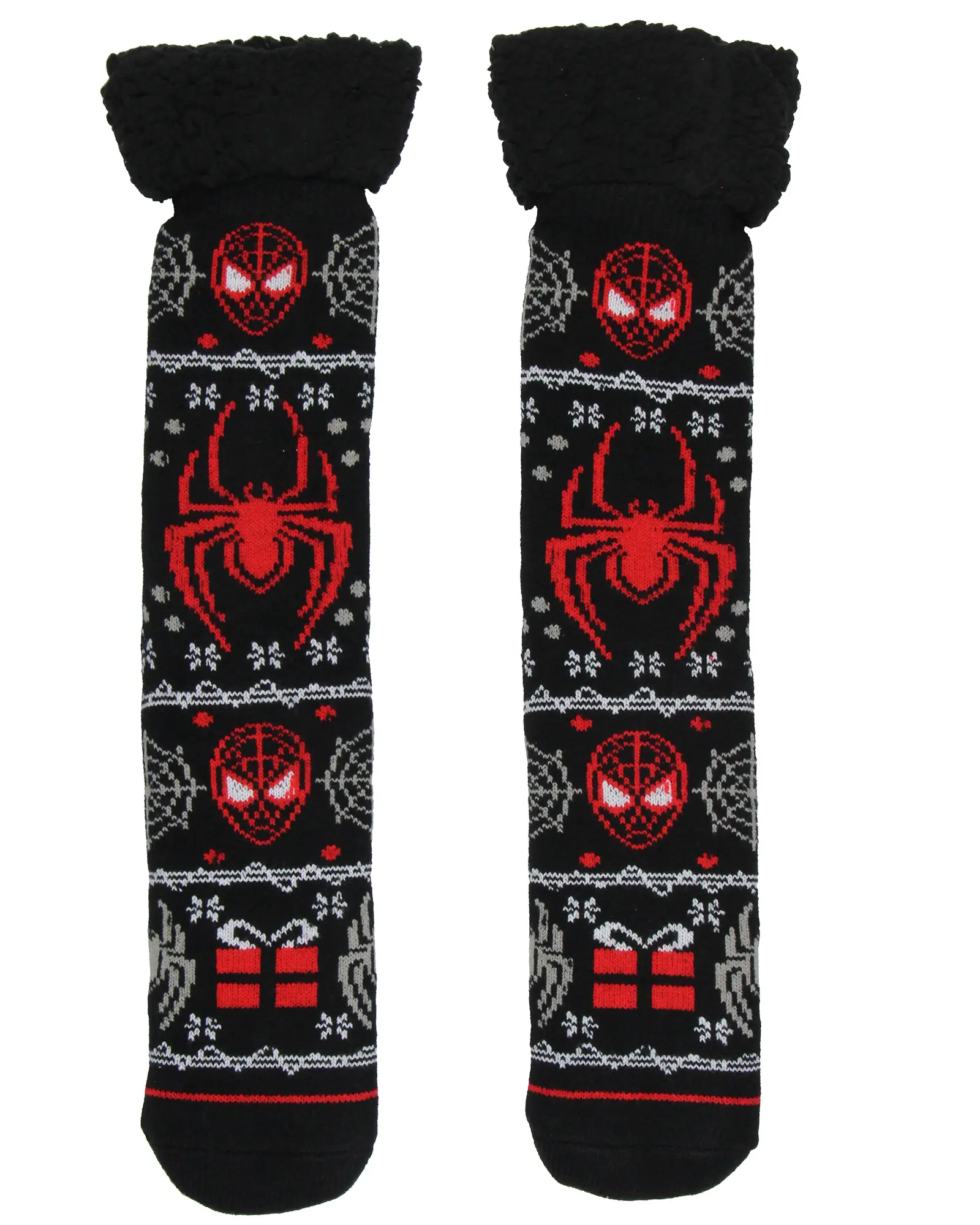 Marvel Comics Spider-Man Men's Ugly Sweater for Christmas pattern Knit Miles Morales Faux Shearling Lined Thick Fuzzy Slipper Socks