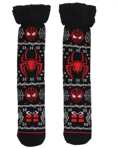 Marvel Comics Spider-Man Men's Ugly Sweater for Christmas pattern Knit Miles Morales Faux Shearling Lined Thick Fuzzy Slipper Socks