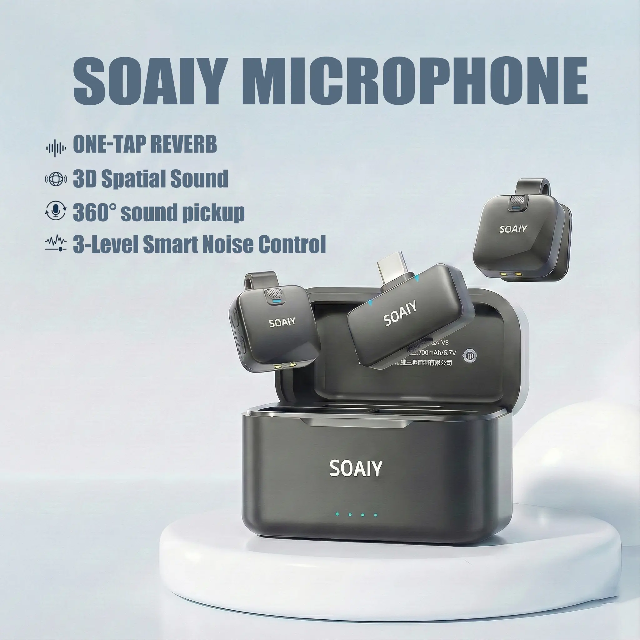 SOAIY V8 Wireless Lavalier Microphone for iPhone iPad Android with Charging Case 3-Level Smart Noise Control Chargeable Smartphone Audio mic rechargeable lapel