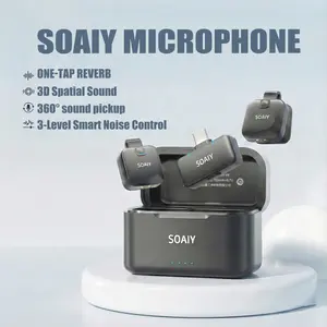 SOAIY V8 Wireless Lavalier Microphone for iPhone iPad Android with Charging Case 3-Level Smart Noise Control Chargeable Smartphone Audio mic rechargeable lapel