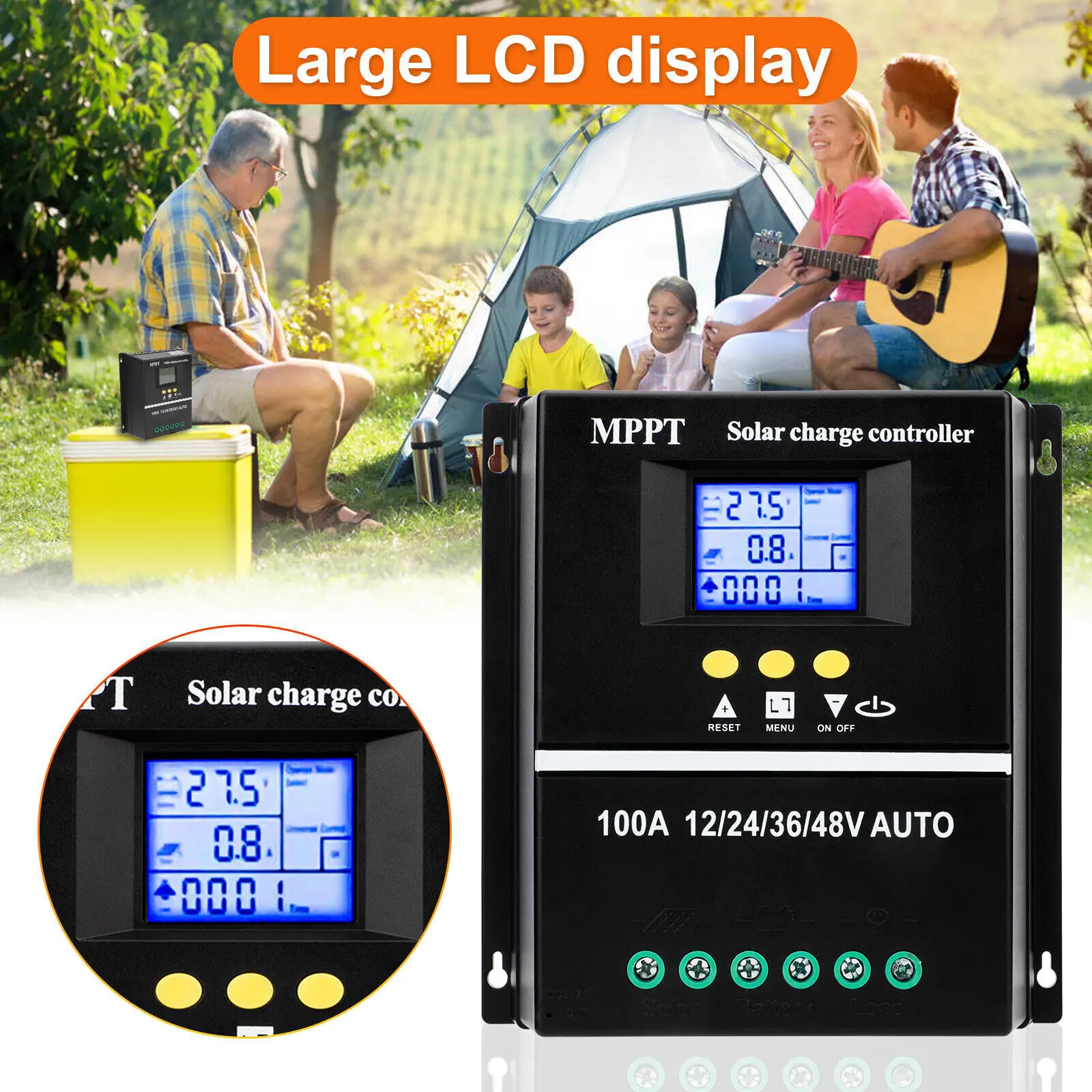 MPPT Solar Charge Controller 100A, 12V-48V Auto-Voltage, 100V Max Input, LCD Display, Intelligent Battery Regulator with Dual USB Port for Lead-Acid & Lithium Batteries
