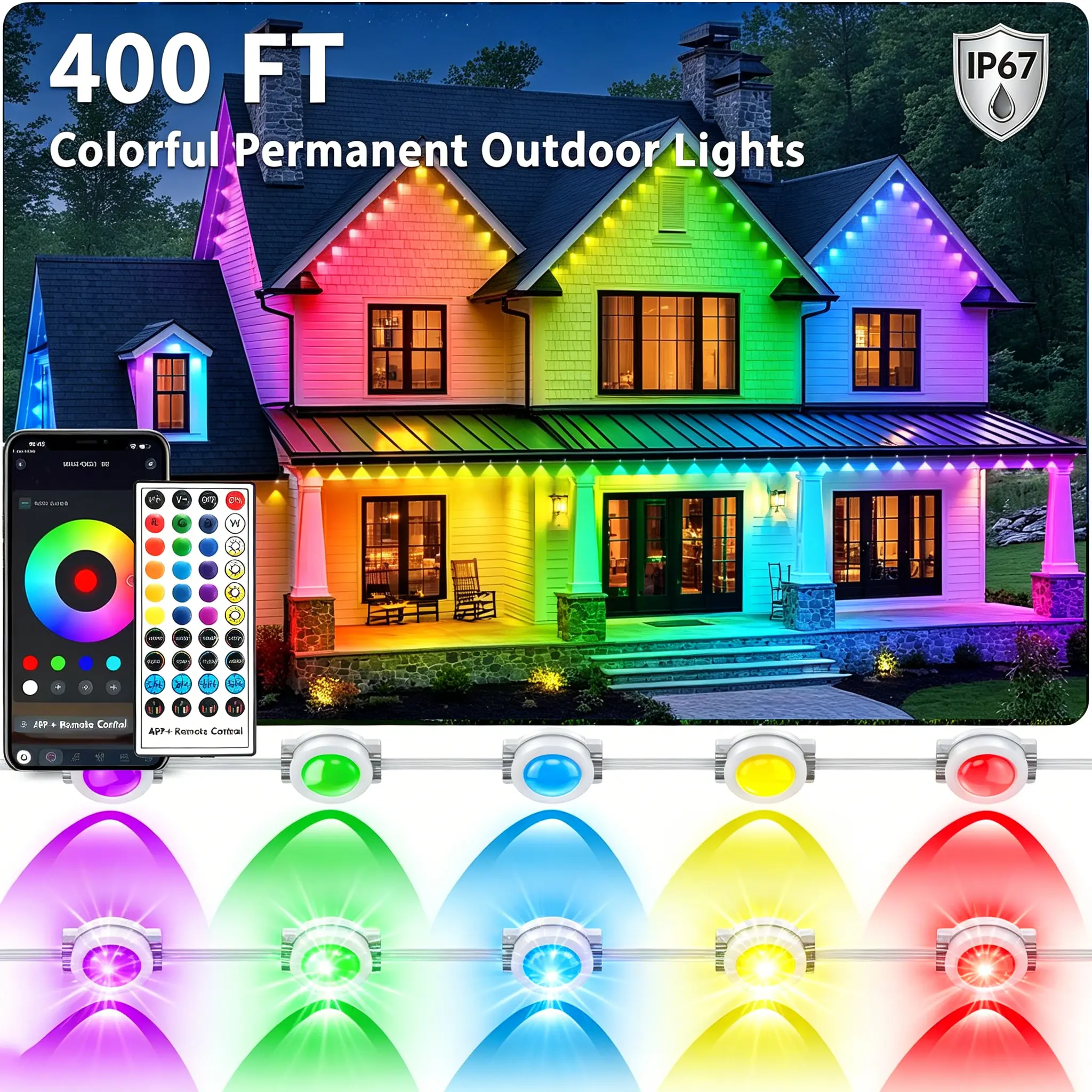 Yocrostar Permanent Outdoor Lights,400ft RGB Eave Lights with App Control Remote,IP67 Waterproof LED Light,Music Sync Outside Light for House,Halloween,Roof,Garden,Christmas Decorations