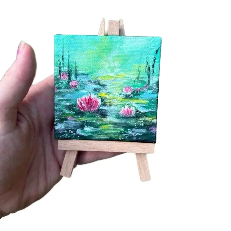 Whispers of the Lotus Original Painting Mini Masterpiece 3x3in Unframed Acrylic on Canvas with Wood Easel Landscapes Artwork