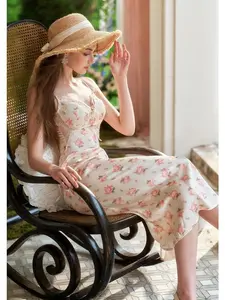 Holiday in Pattaya Slip Dress - 100% Polyester Hazy Print Sweetheart Bust Lace Trim Fishtail Hem Adjustable Straps Ideal for Spring & Summer