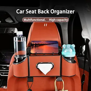 4-in-1 Car Seat Back Storage Box, Multifunctional Interior Organizer with Tissue Holder 2 Cup Holders & Bags Hooks for Family Travel Use on Both Driver Sides